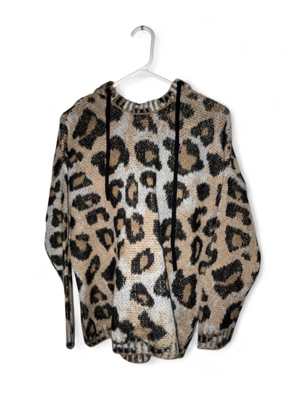 Leopard Print Knit Hoodie Sweatshirt - Beige/Black